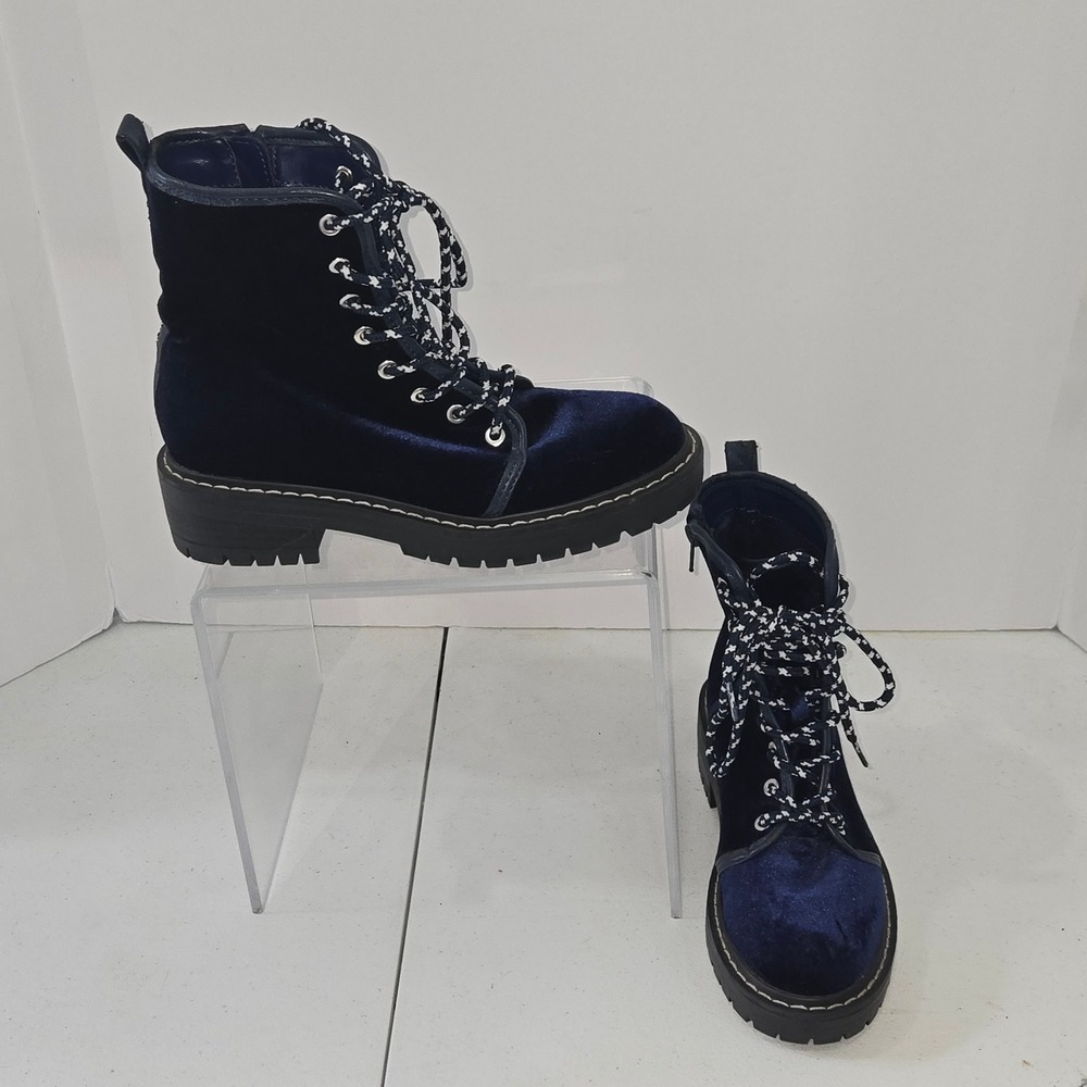 Navy Blue Velvet Combat Boots Lug Sole Lace Up Side Zip Ankle Boots 6 US/ 37 EU